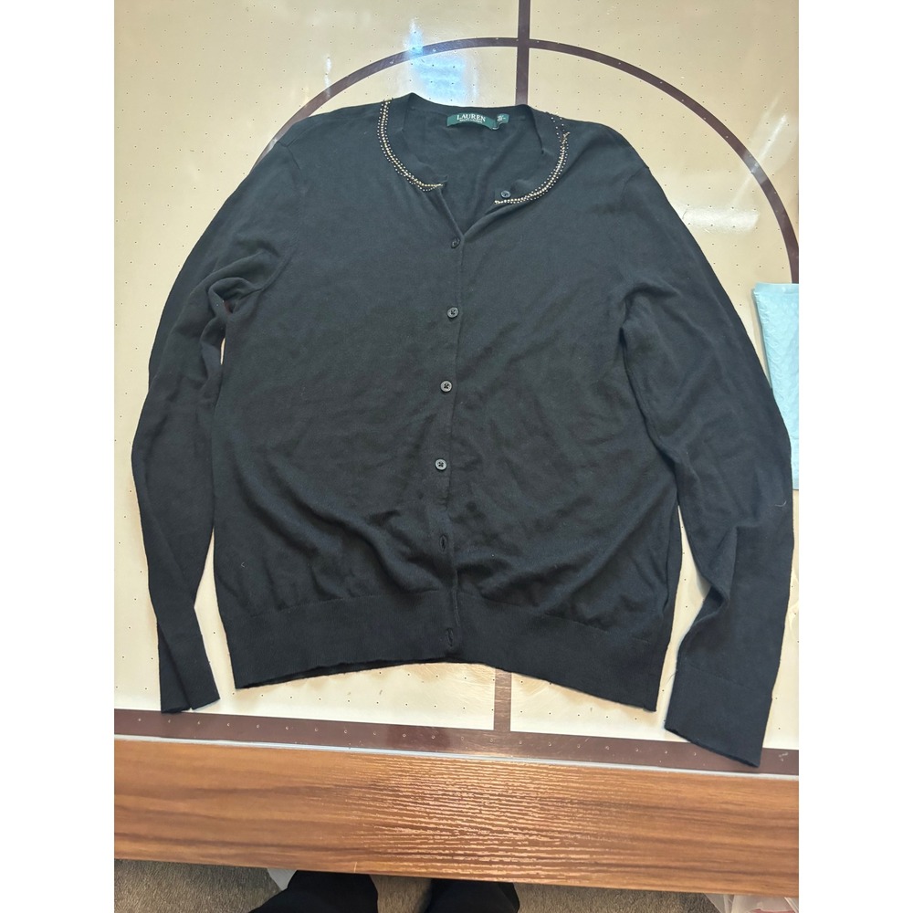 282 Lauren Ralph Lauren Black Beaded Rhinestone Neckline Cardigan Sweater XL